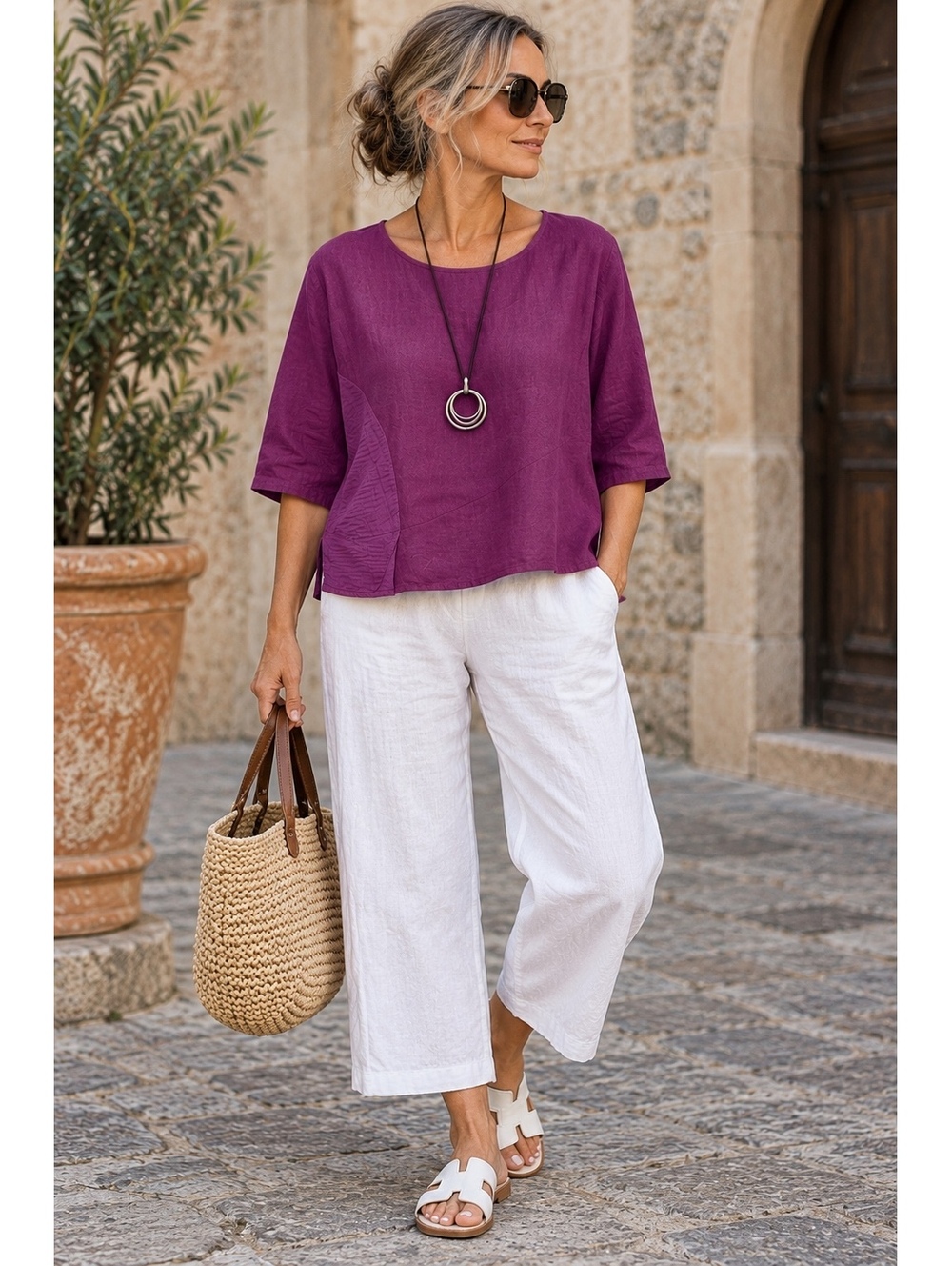 SAGA Made in Italy Berry Linen Look Tunic Blouse 3/4 Sleeve Oversized Lagenlook